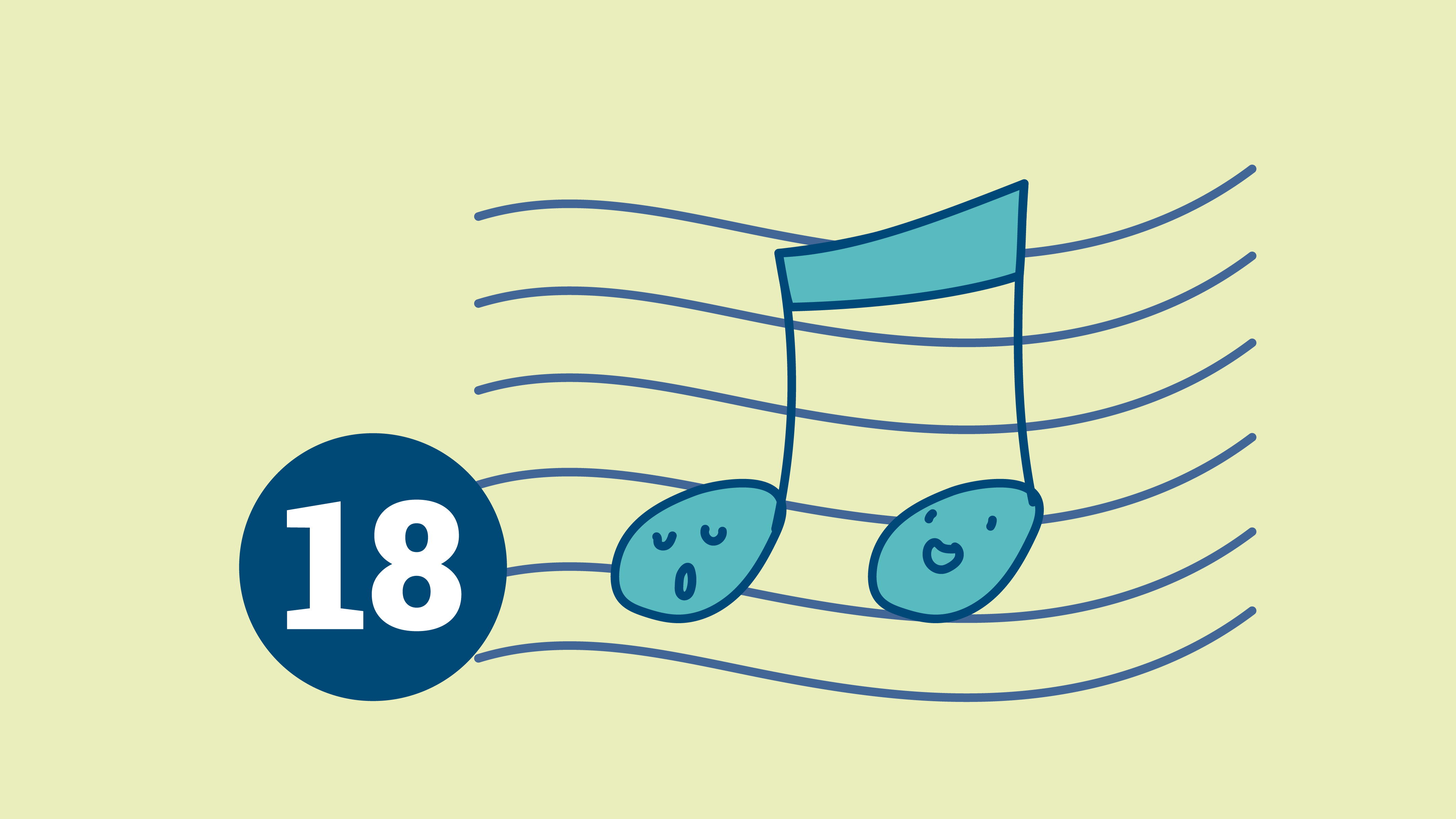 Illustration: Türkise Musiknoten. Links davon die Zahl 18