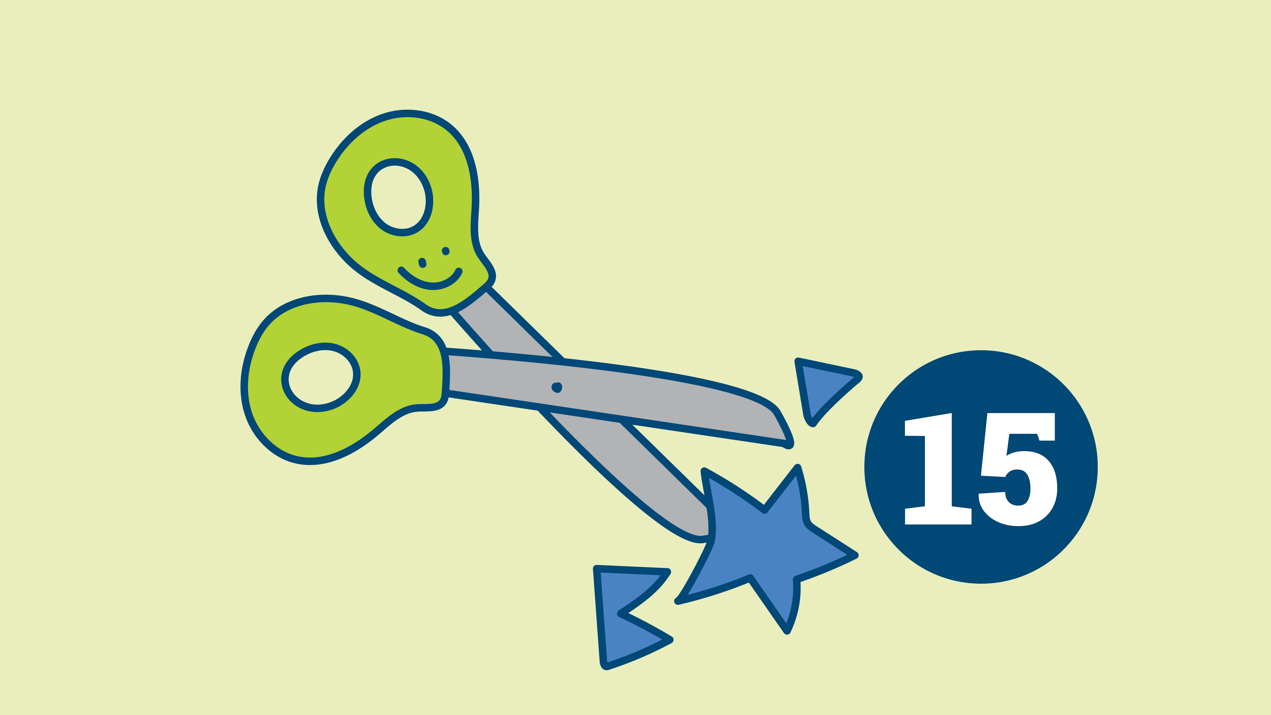 Illustration: Grüne Schere, die einen blauen Stern ausschneidet. Rechts davon die Zahl 15