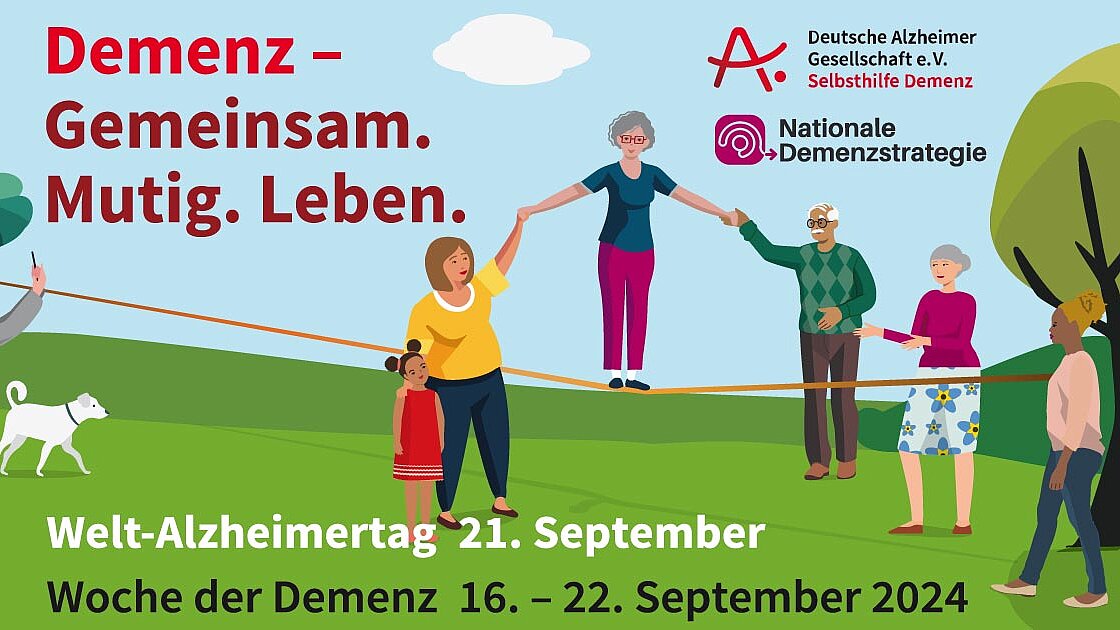 Plakat zum Welt-Alzheimertag mit Motto "Demenz. Gemeinsam. Mutig. Leben" und Logos 